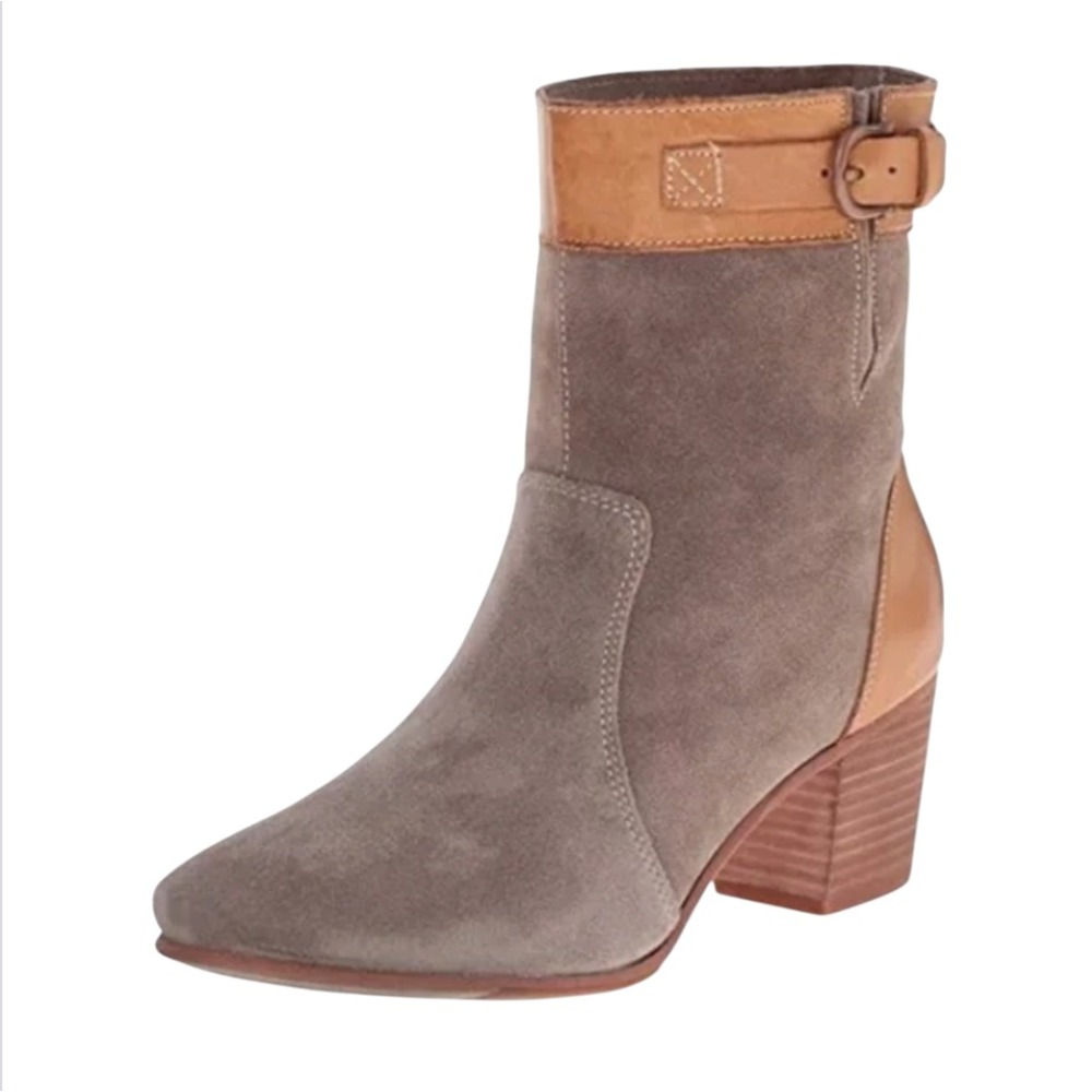 SEBAGO NELL ANKLE BOOTS Taupe Suede & Tan Leather SIDE BUCKLE STRAP sz 6.5 M
